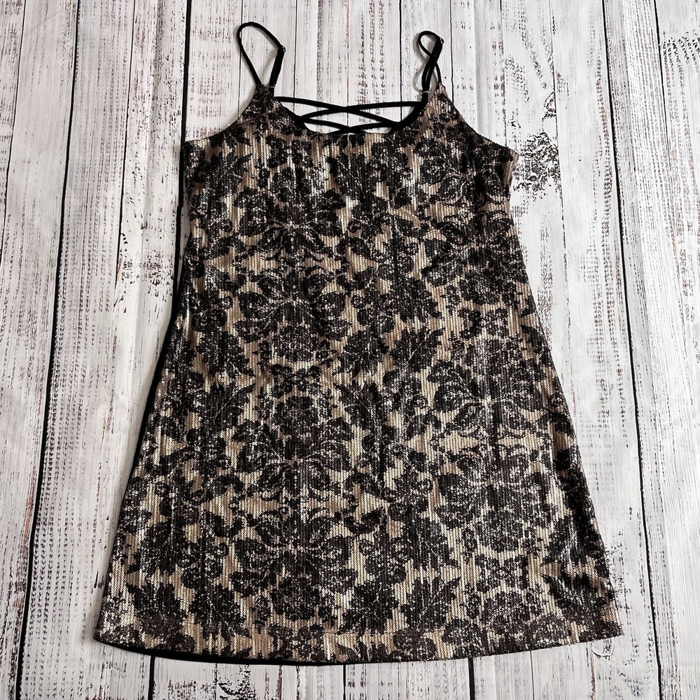 Eyeshadow Large Black Gold Sequin Mini Dress Sparkle Strappy Cocktail Party